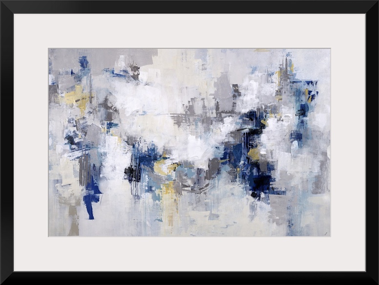 Abstract painting in shades of white and light gray with accents of blue throughout.