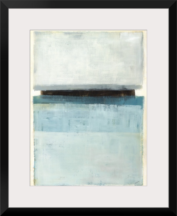 Large abstract painting with rectangular sections of color in shades of blue and gray with one black line and a white and ...