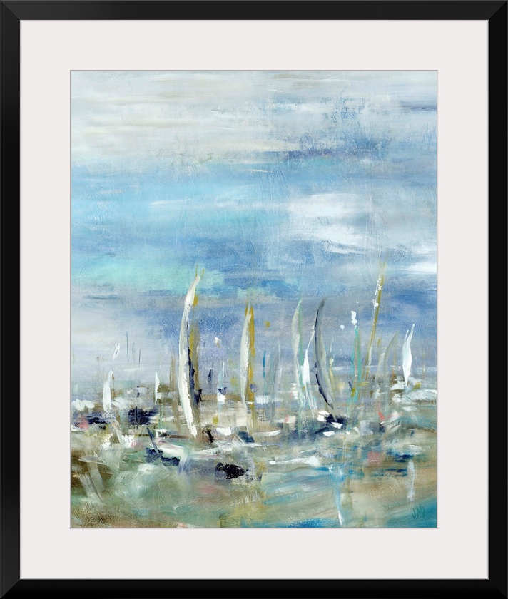 Abstract painting of sailboats in the ocean on a cloudy day.  The boat shapes are created from varying brush strokes.