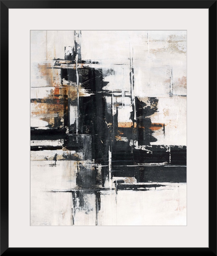 Abstract contemporary painting with black horizontal strokes on white and brown.