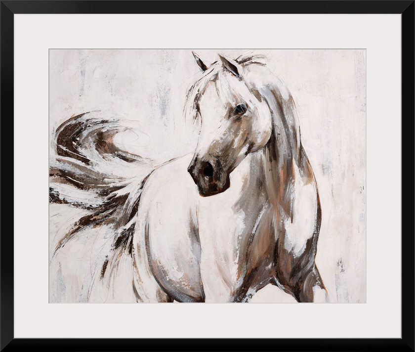 Contemporary painting of an elegant white horse flicking its tail.