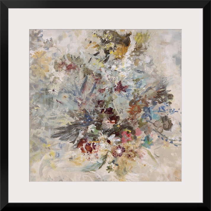 Abstract painting using a mixture of dark and bright colors in the center of the image with lighter colors around the edge...