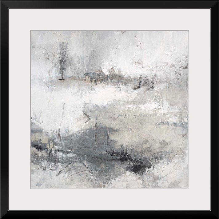 Abstract contemporary artwork in misty shades of white and grey.