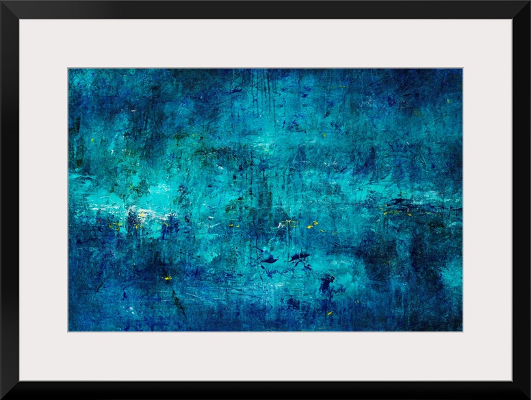 Cool toned abstract painting of deep colors on a grungy background.