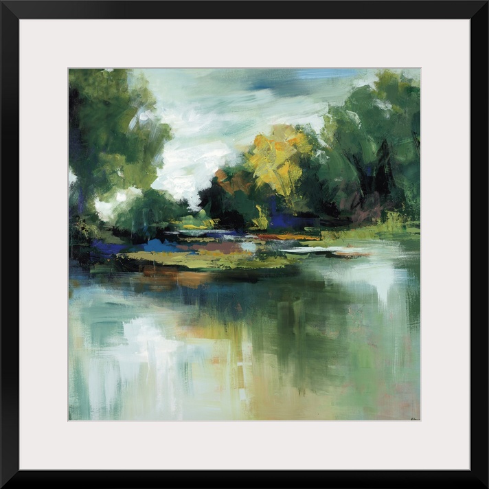 Landscape painting in thick sweeping brushstrokes of a calm pond in front of a grove of lush trees and a green landscape.