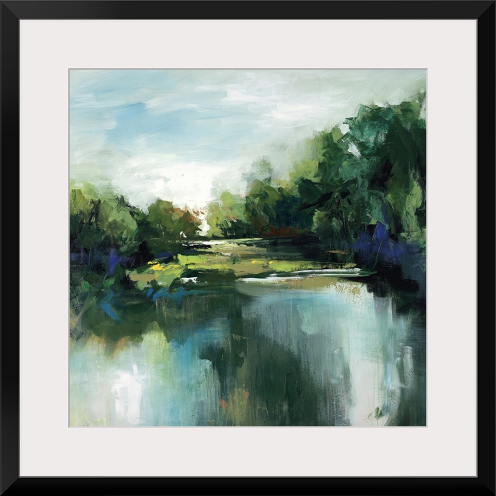 Landscape painting in thick sweeping brushstrokes of a calm pond in front of a grove of lush trees and a green landscape.