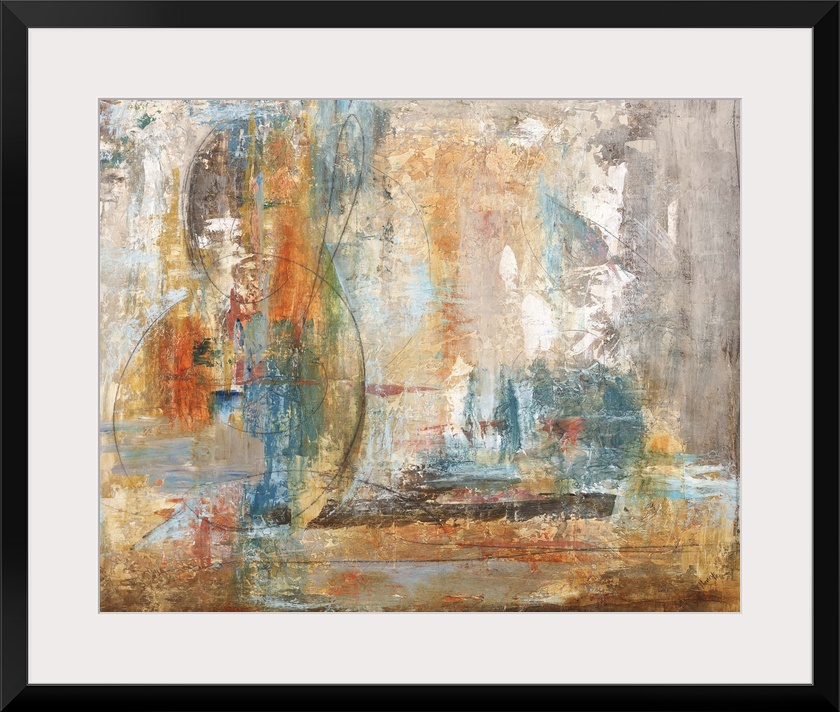 Contemporary abstract painting in orange and blue.