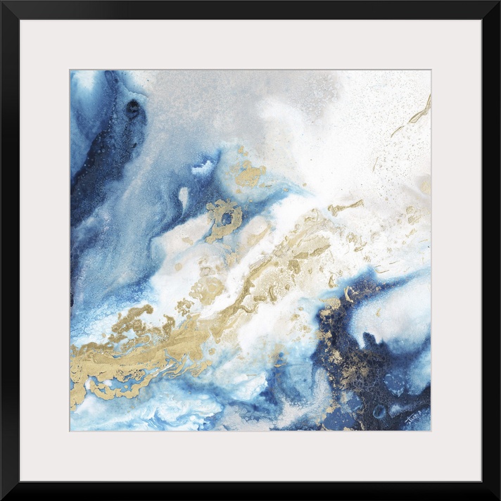 Square abstract art with glittery shades of blue with gold and silver all running together.