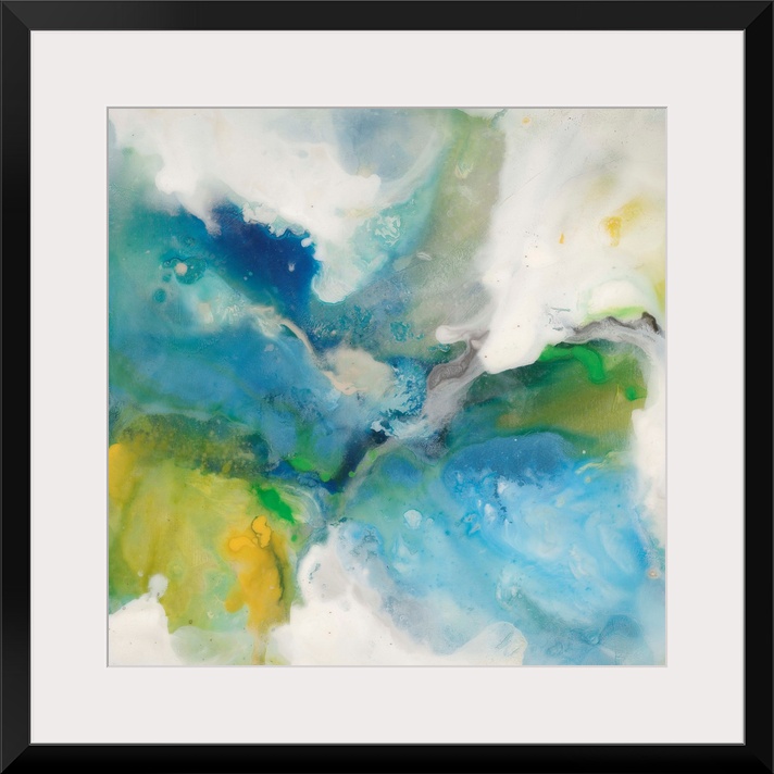 Contemporary abstract painting of saturated blue and green tones in a swirling motion.