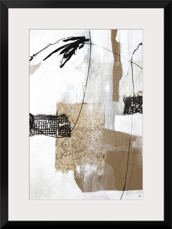 This vertical collage contains abstract elements that looks like different types of weaved fabric in black and brown.