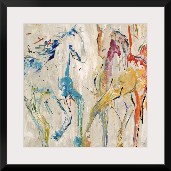 Contemporary painting of two horse figures in bright blue and red.