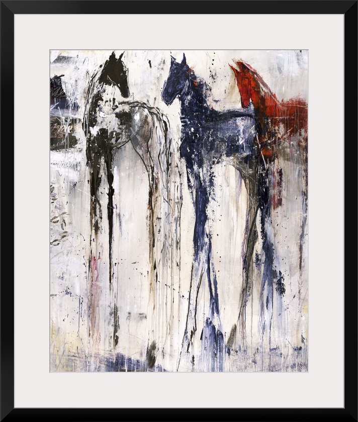 Tall abstract painting of three horses with vertical lines of color.