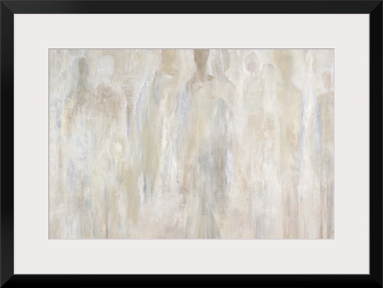 Abstract painting of many human silhouettes that almost fade into the background of light, neutral tones.