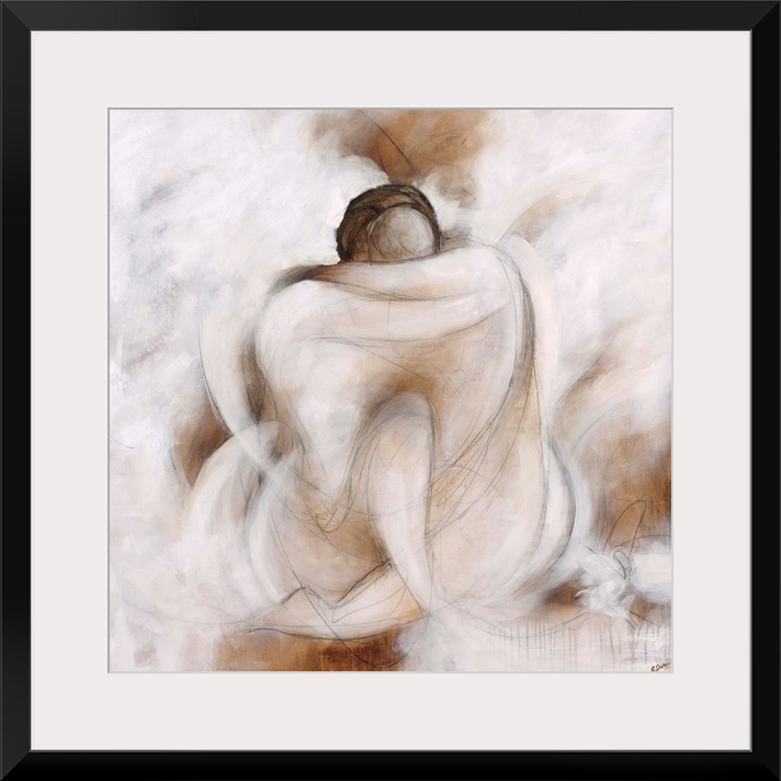 Figurative art of two human forms sitting and embracing each other, surrounded by a light background resembling fluffy clo...