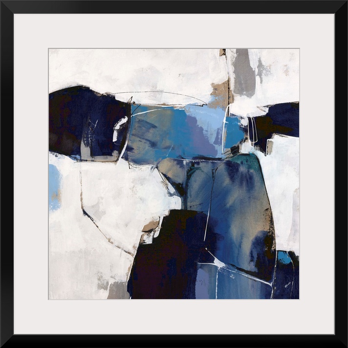 A bold, contemporary abstract in shades of blue and navy on an off-white background. Touches of bronze add a metallic edge...