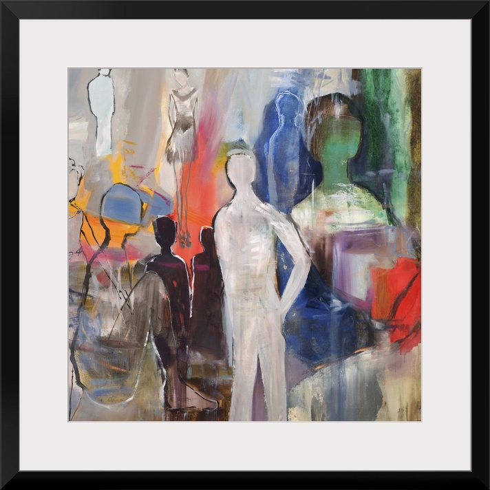 Semi-abstract artwork with several figures in varying size and color.