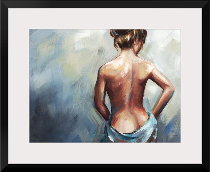 Contemporary artwork drawn of a woman's backside as she drapes a cloth just below her waist.