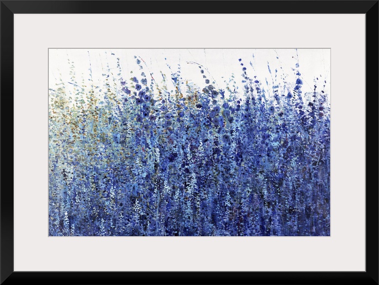 A thick mass of tall wildflowers and grasses in shades of blue and indigo against a white background. Painted in a casual,...