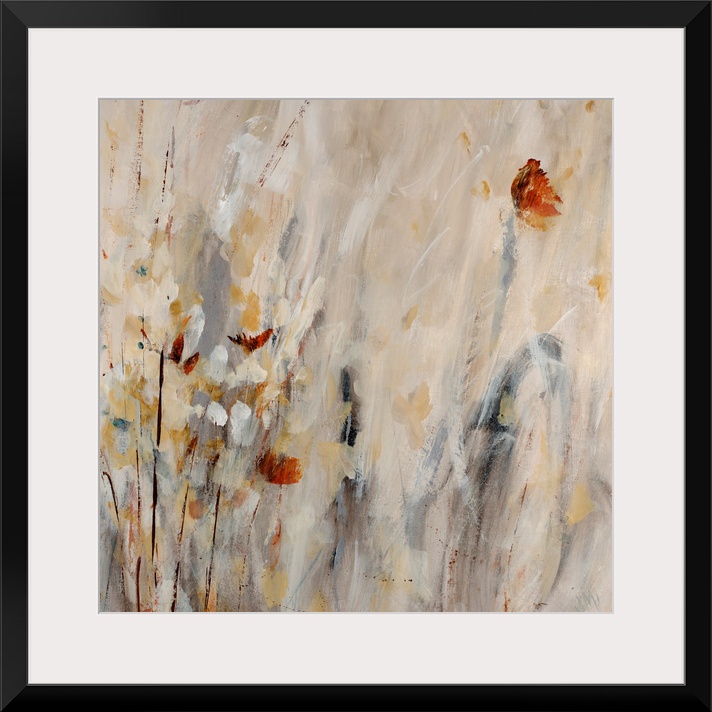 Vertical wall art that gives the impression of flowers and plants in a square abstract painting made with neutral and eart...