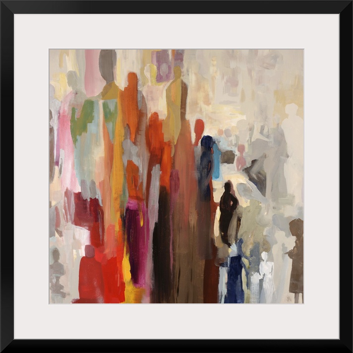 Abstract painting of large cluster of human silhouettes in various sizes and colors, occasionally overlapping, melding tog...