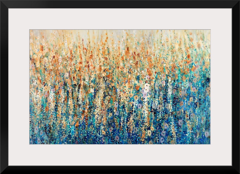 A mass of tall blue wildflowers growing amid grasses in a prairie-like setting. This impressionist-style painting in warm ...