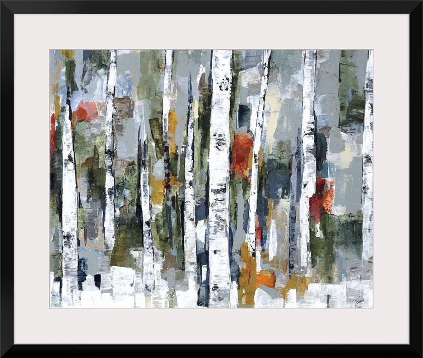 Large abstract painting of a wooded forest of colorful fall leaves.