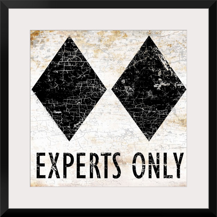 A worn, distressed, cracked and rusty Experts Only ski sign.