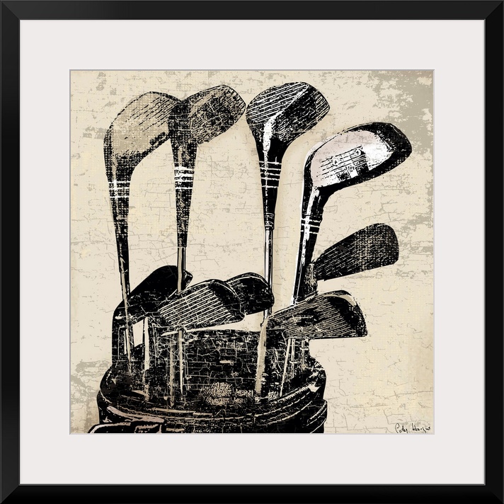 Vintage style wall art of an old distressed golf clubs on tan and sepia background.