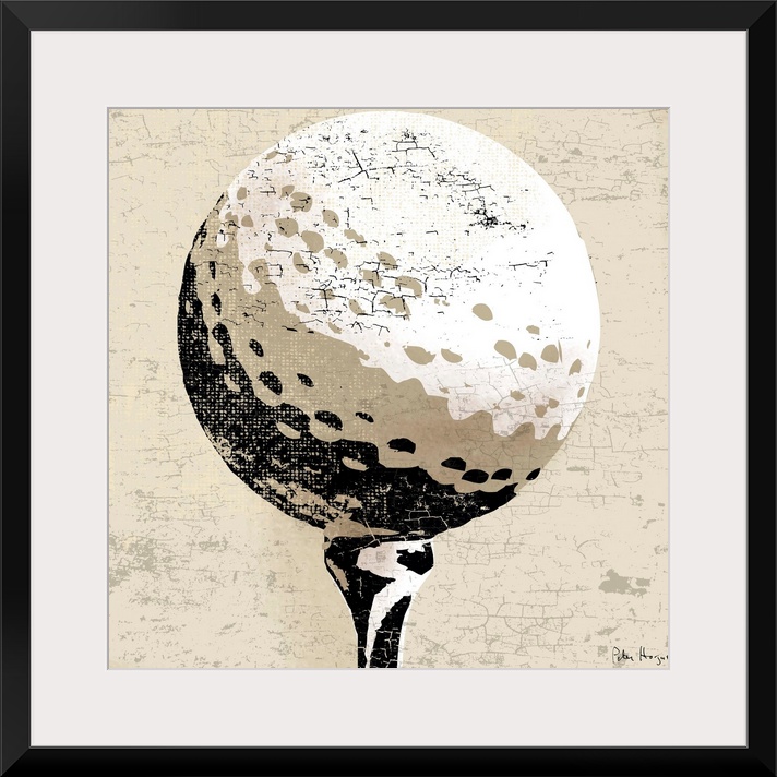 Vintage style wall art of an old distressed golfball on tan and sepia background.