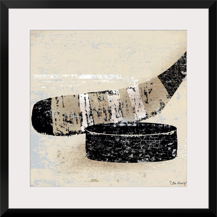 Vintage style wall art of an old distressed hockey stick and puck on tan and sepia background.