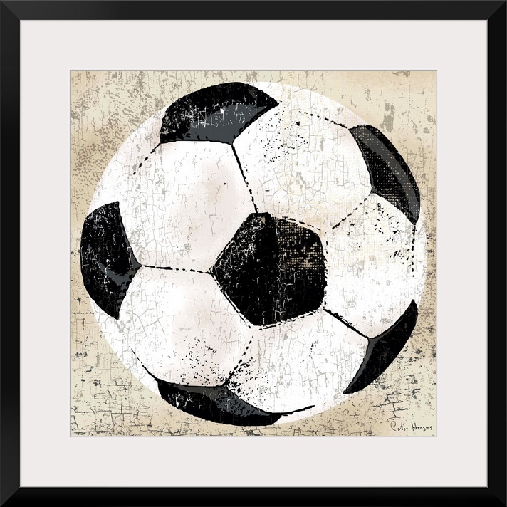 Vintage style wall art of an old distressed soccer ball on tan and sepia background.