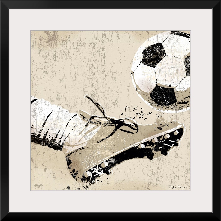 Vintage style wall art of an old distressed soccer cleat and foot striking soccer ball on tan and sepia background.