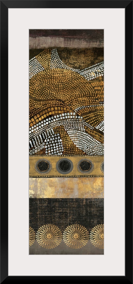 Abstract vertical artwork in golden tones with art nouveau style patterns.