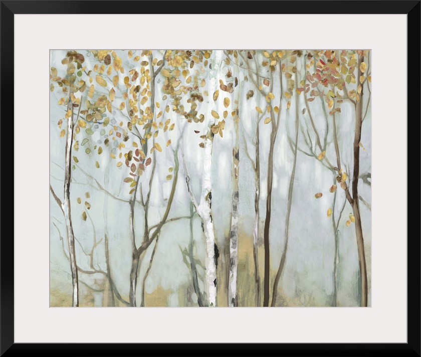 Large landscape painting of birch trees in the woods with gold and red leaves.