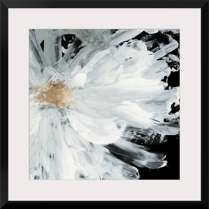 Decorative artwork with a large white peony on a dark black background.