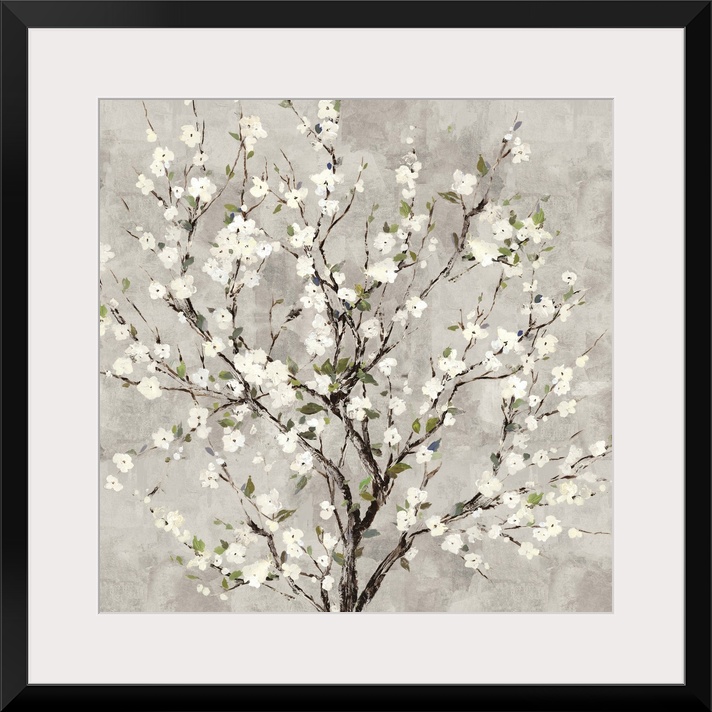 Square painting of a tree with white blossoms all over on a gray background.