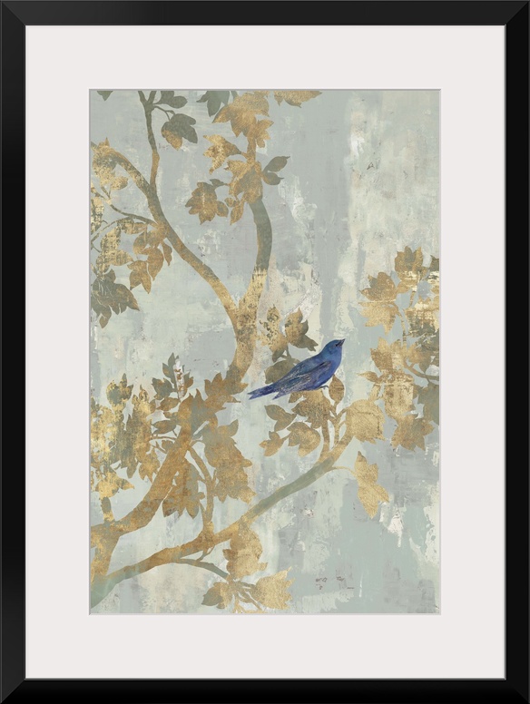 A small blue bird perched on golden branches.