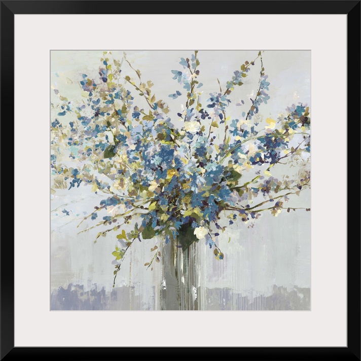 Contemporary artwork of a vase full of blue and white flowers.