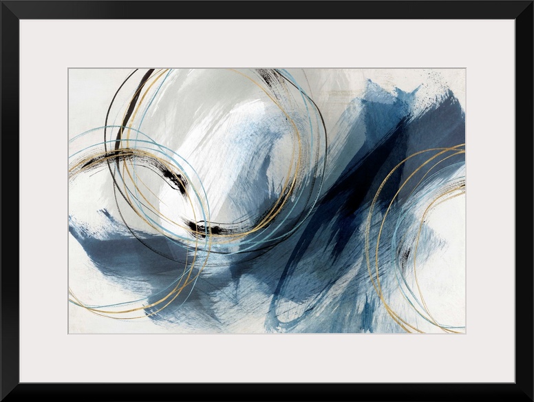 Abstract painting with large blue brushstrokes and circular lines accented with gold.