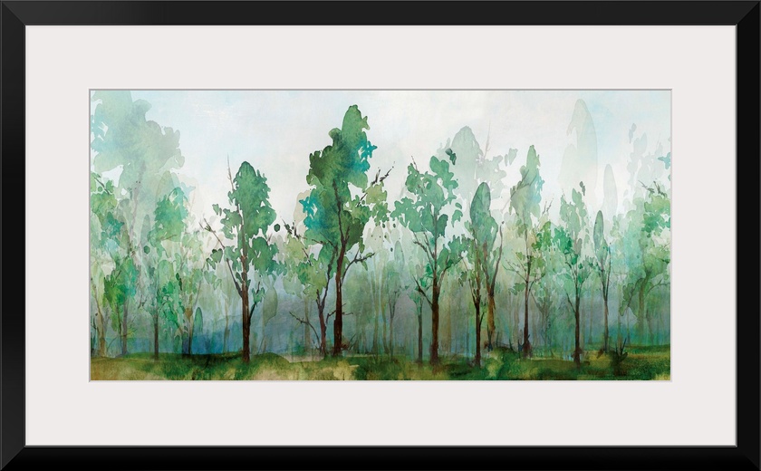 Contemporary watercolor painting of rows of trees with faded trees in the background.