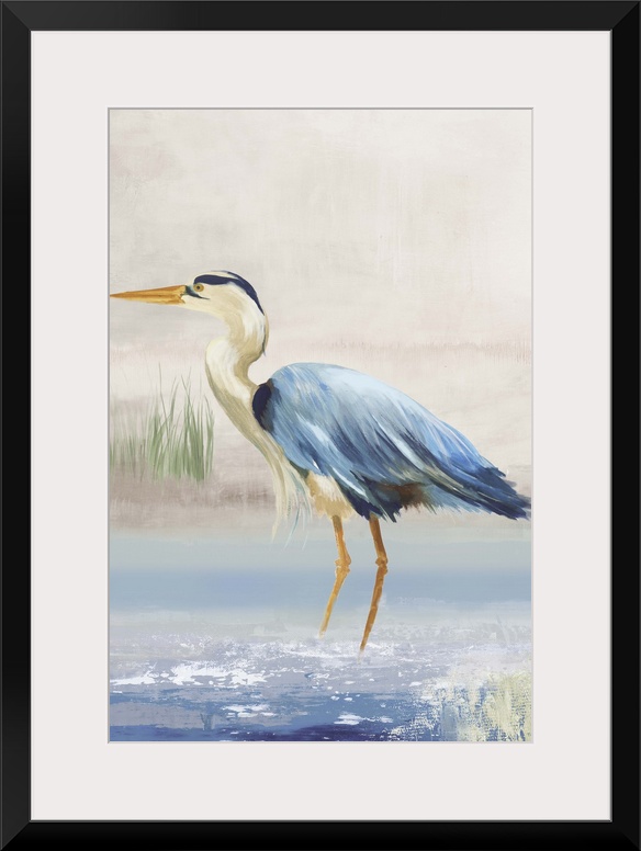 Contemporary artwork of a great blue heron standing in shallow water.