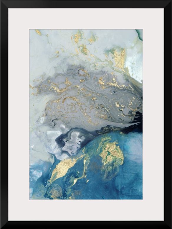 Abstract painting in blue and gold, resembling swirling waves.