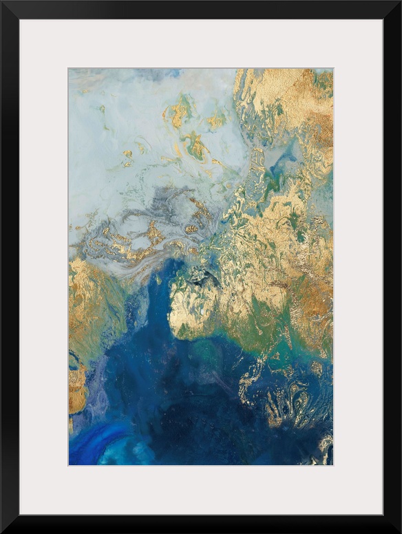 Abstract painting in blue and gold, resembling swirling waves.