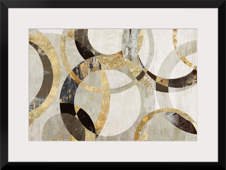 Geometric abstract artwork with circular rings in shades of brown, gold, and gray.