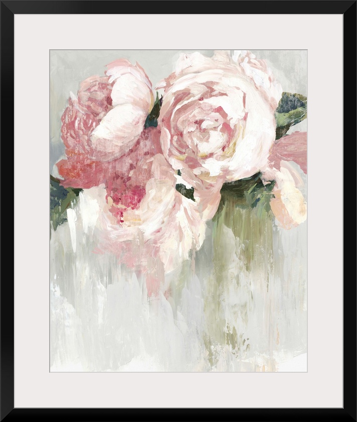 Contemporary painting of pink peonies with white highlights and green leaves.