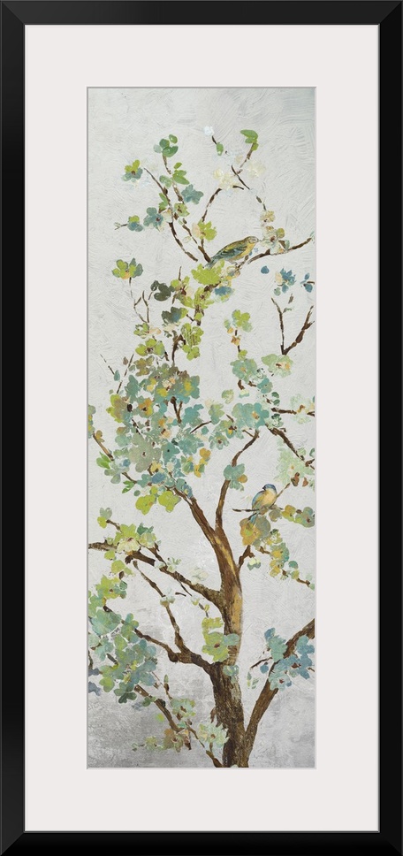 Tree branch with light green leaves on grey.