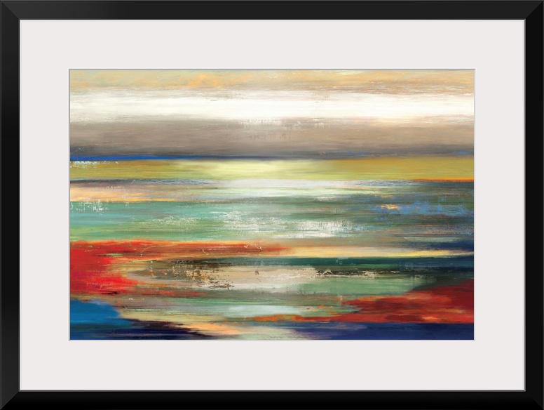 Contemporary abstract home decor artwork using multi-colored horizontal stripes.