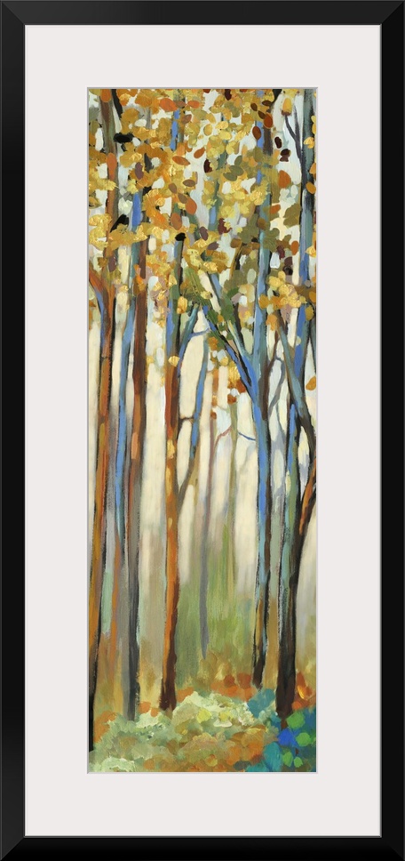 Contemporary painting of a forest with thin trees and autumn leaves.