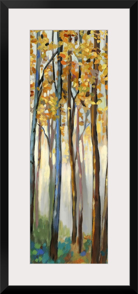 Contemporary painting of a forest with thin trees and autumn leaves.