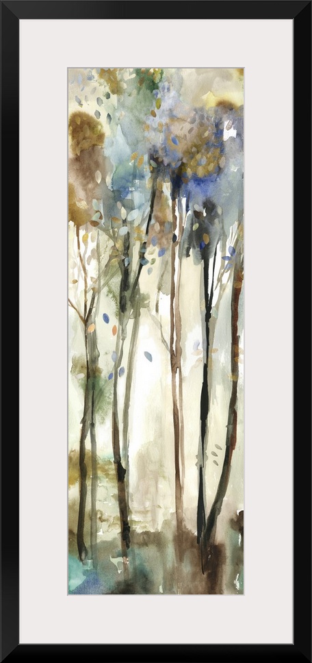 Watercolor artwork of a forest with tall, thin trees.